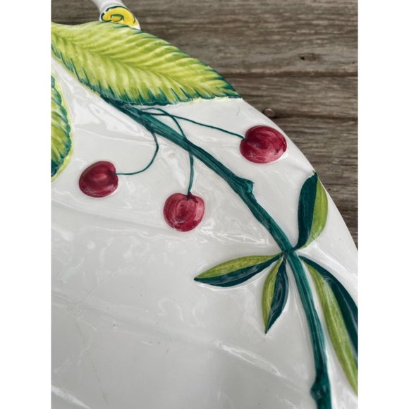 Vintage Italy Ceramic Serving Plate Leaf Shape & Cherries - Picture 9 of 12